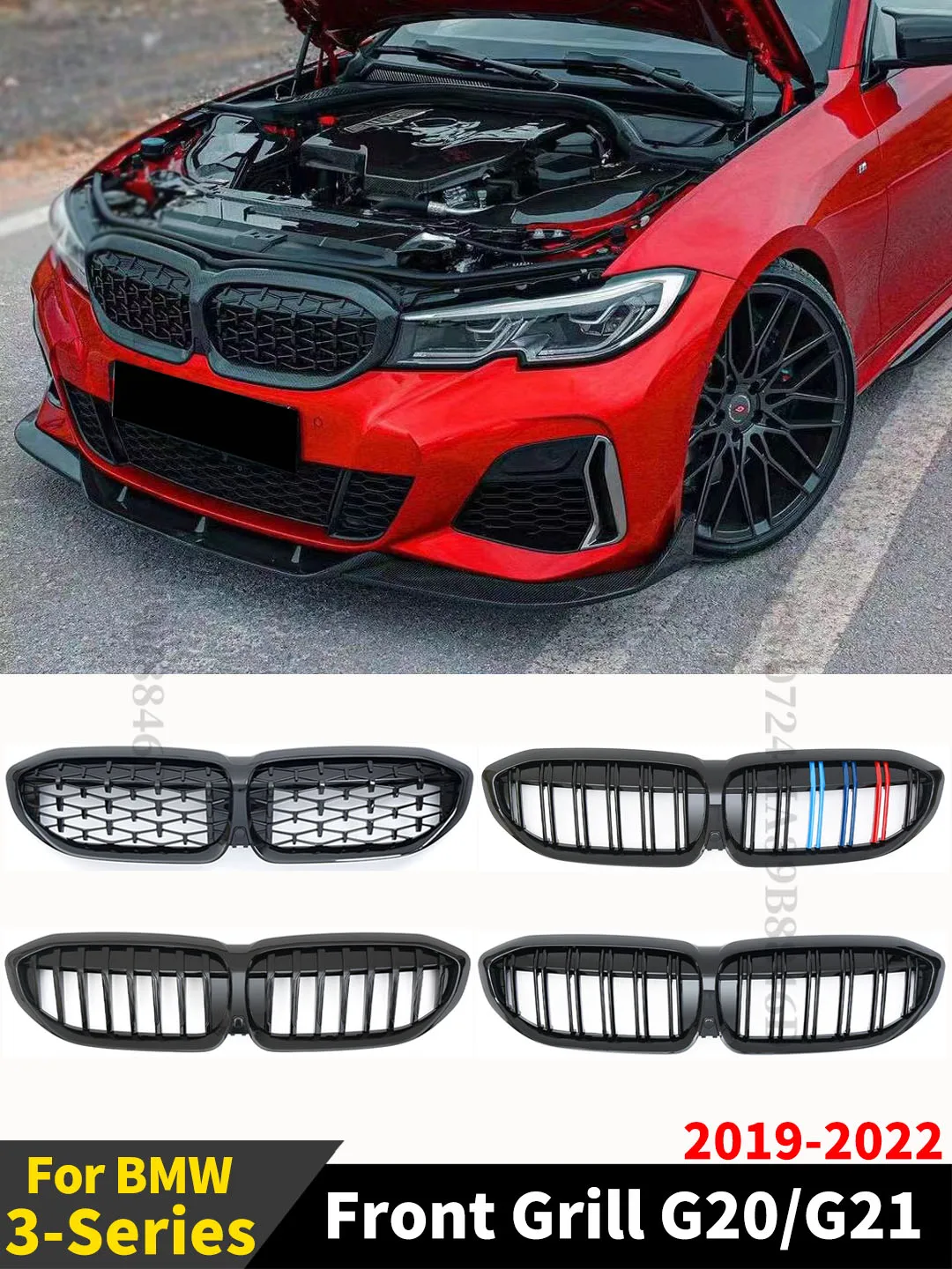 For BMW G20 3-Series G20 G21 G28 2019-2020 Front Bumper Hood Kidney Grill Racing Grilles Replacement Black Diamond Meteor Style-animated-img