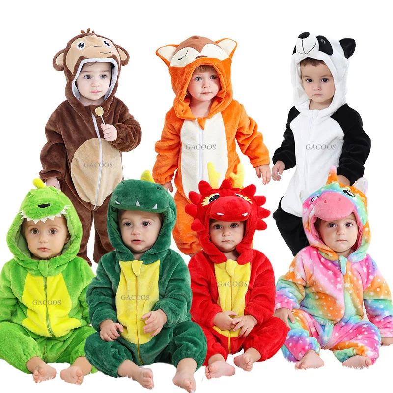 Winter Baby Rompers Panda Tiger Dinosaur Monkey Fox Animal Cartoon Hooded Jumpsuit Cosplay Costume Boys Girl Pajama Baby Pijamas-animated-img