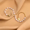 Modyle New Gold Color Stainless Steel Bracelets for Women,Fashion Pearl Charm Wedding Bracelets, Jewelry Gifts preview-2