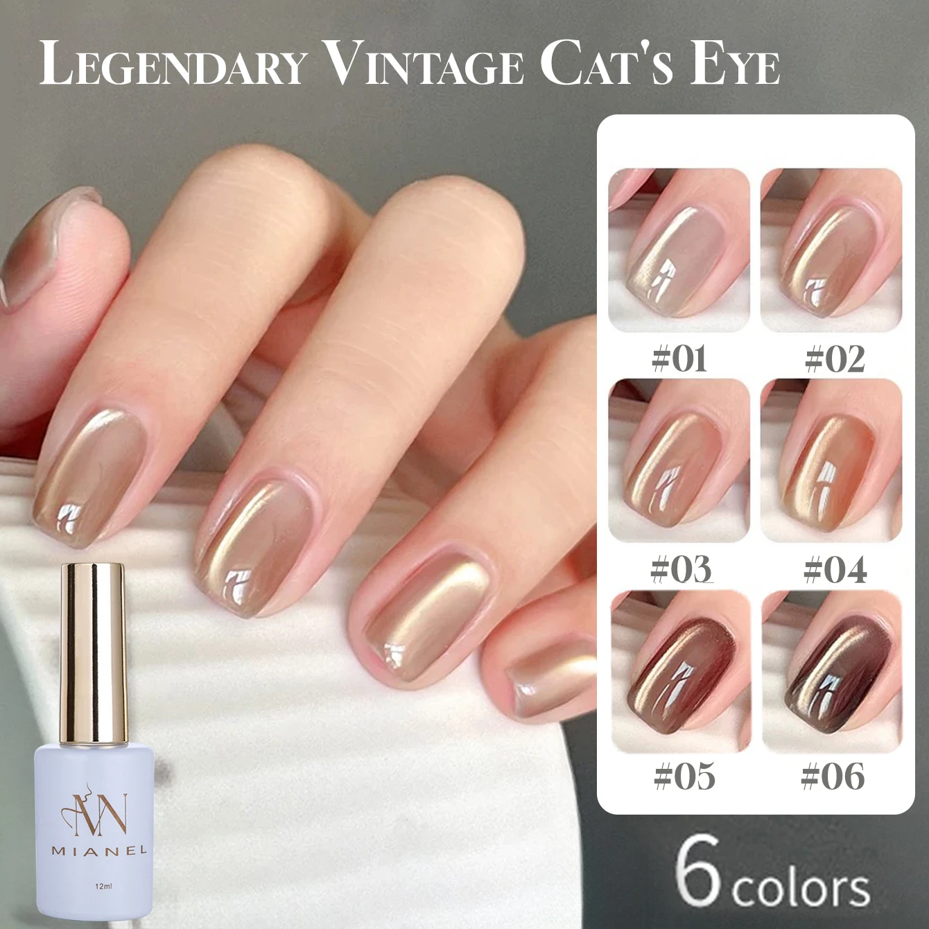 MIANEL 12ML/PCS Winter Top Selling Li Ge Retro Champagne Gold Glass Bead Cat's Eye Gel Nail Polish 2024 Whitening Gel Polish-animated-img