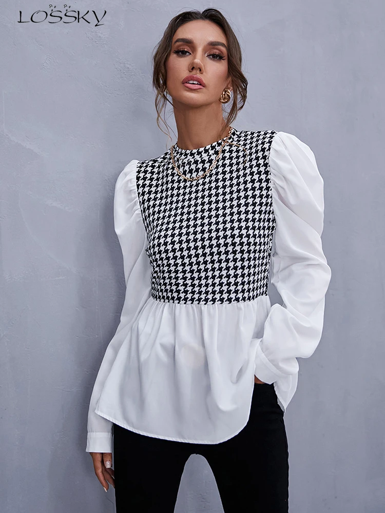 Women Elegant Houndstooth Shirt Fashion Ruffle Stitching Fluffy Long Sleeve Top Casual Chic Ladies Blouse Office White Shirts-animated-img