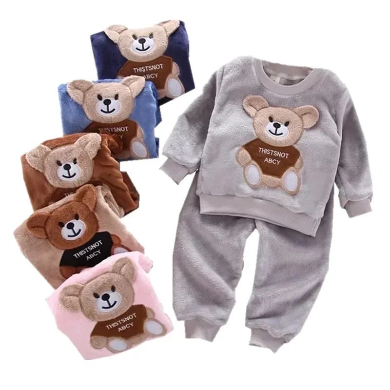 Autumn Winter Flannel Pajamas Newborn Clothes Baby Boy Clothes Set For Girls Clothing Toddler Plush Suit Casual Kids Homewear-animated-img