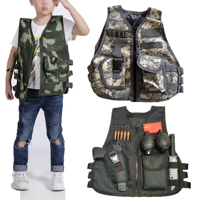 Army Fans Outdoor Children Vest Tactical Boy Girl Camouflage CS Game Vest Kids Hunting Cosplay Fishing CS Game Clothing-animated-img