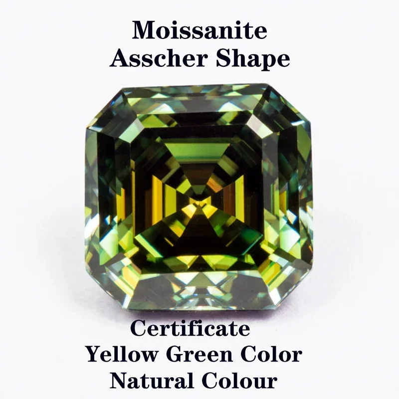 Moissanite Stone Asscher Cut Natural Yellow Green Color VVS1 Advanced Charms Jewelry Rings Earrings Making with Certificate-animated-img