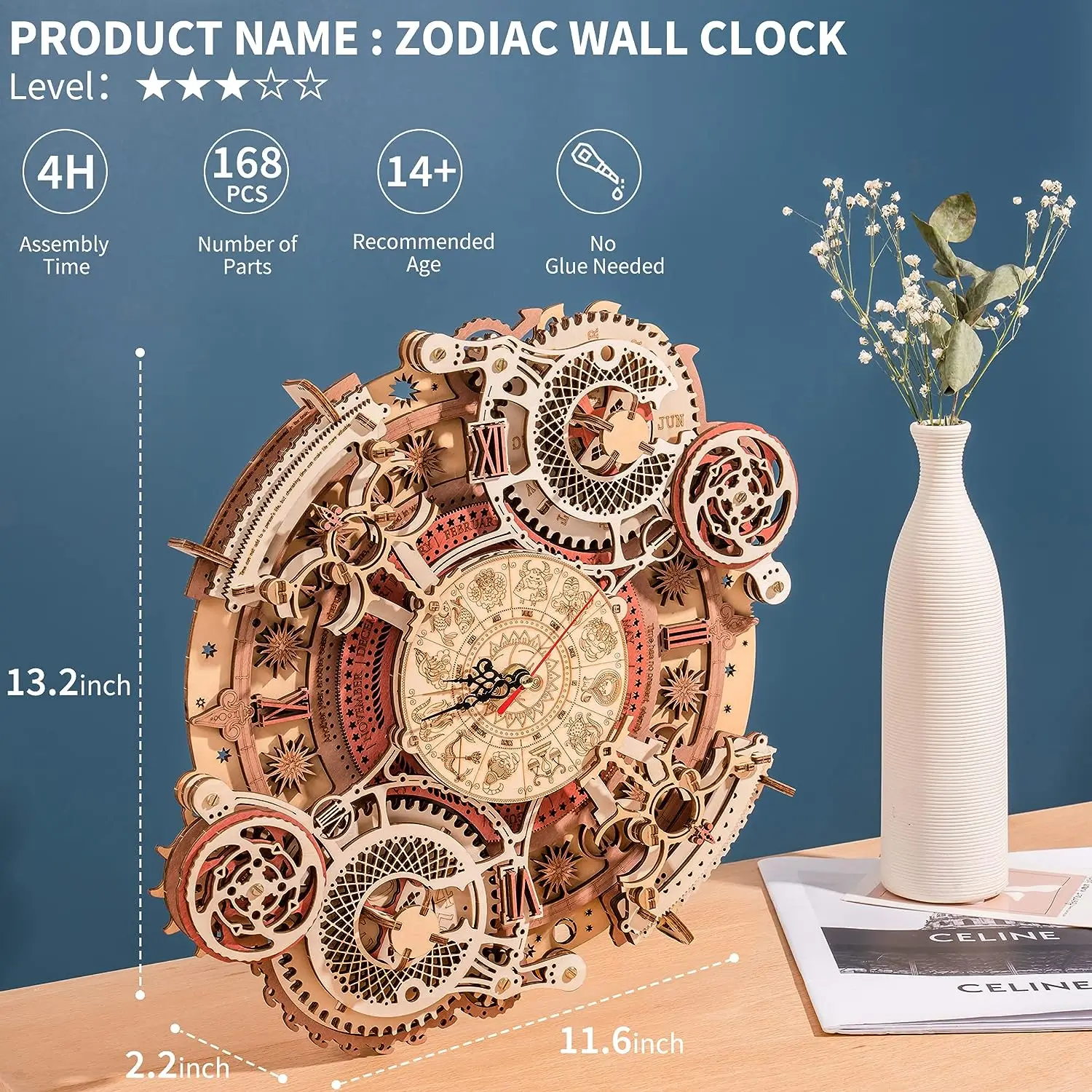 Robotime 3D Wooden Puzzles Wooden Steampunk Clock Kit  DIY Mechanical Wall Quartz Aesthetic Room for Adults-animated-img