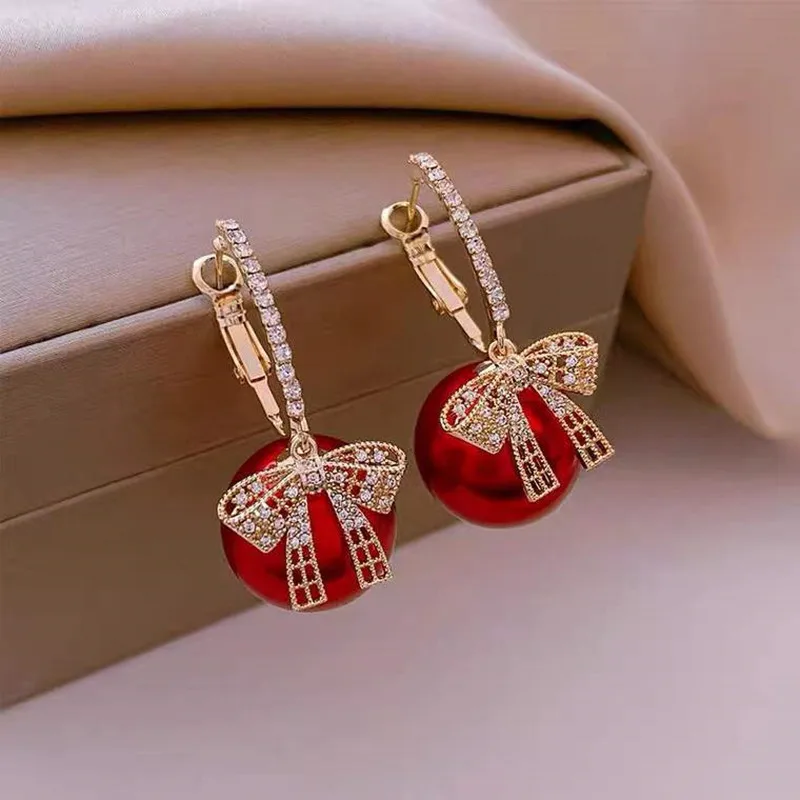 Luxury Gold Color Zircon Bowknot Stud Earrings For Women Red Pearl Flower Festive Earring Girls New Year Christmas Jewelry Gifts-animated-img