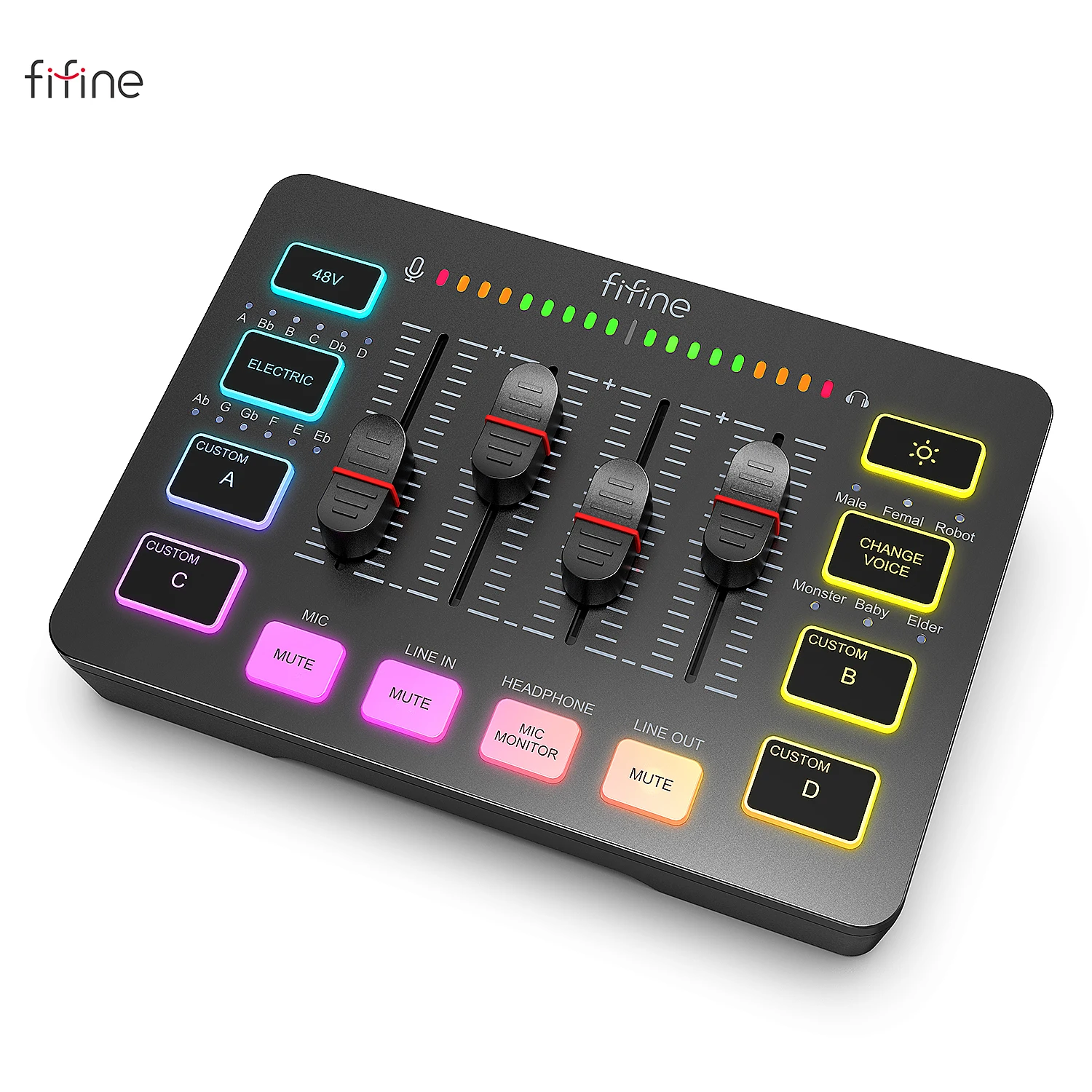 FIFINE Gaming Audio Mixer,Streaming 4-Channel RGB Mixer with XLR Microphone Interface,for Game Voice,Podcast,AmpliGame SC3-animated-img