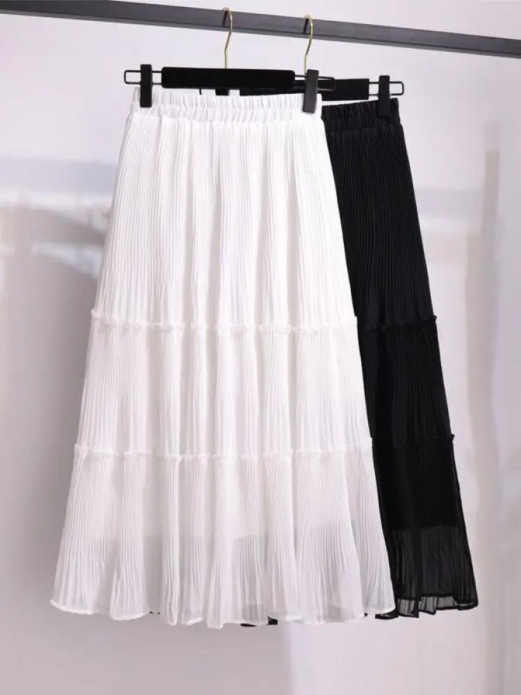 Summer Women Solid Chiffon Pleated Skirts Vintage High Waist Elastic White Black Chic Long Cake A-line Student Skirt Simple Boho-animated-img