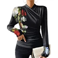 Gymystars Blouses for Lady Skinny Printed Tops New Fashion V-neck Pleated Slim Fit Black Wear Base Layer Outside Female Clothing preview-5