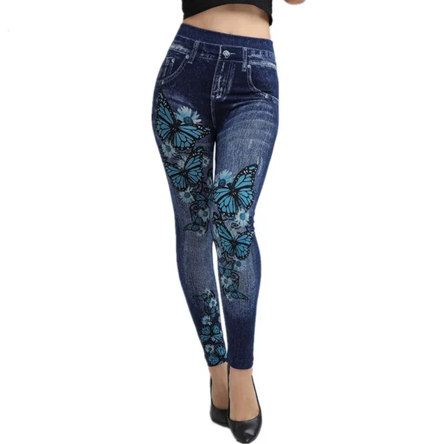 Women High Elastic Waist Butterfly Print Fake Denim Leggings Summer Slim Push Up Skinny Long Trousers XCMY-F801-animated-img