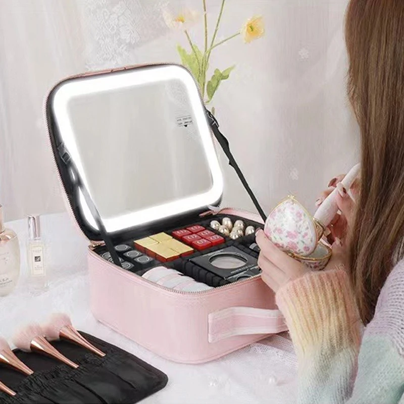 New LED Lighted Cosmetic Case with Mirror Waterproof PU Leather Portable Travel Makeup Storage Bags-animated-img