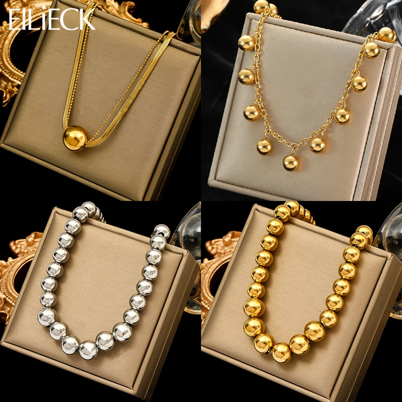 EILIECK 316L Stainless Steel Gold Color Ball Beaded Necklace For Women Fashion Trend Neck Chain Waterproof Jewelry Gift Collar-animated-img