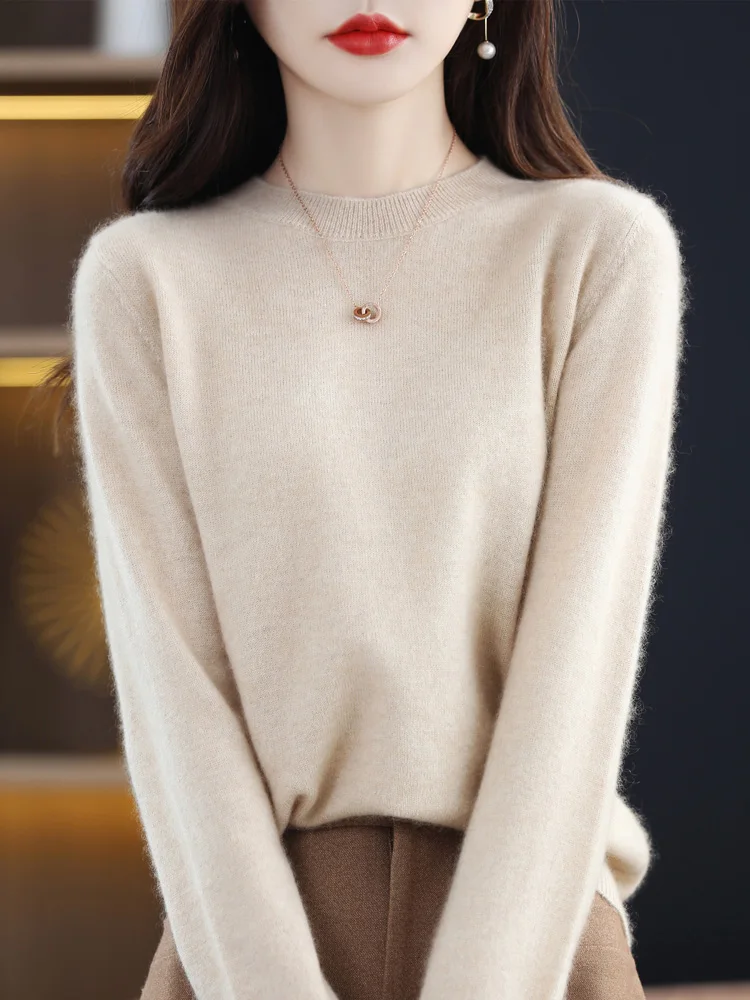 Spring Autumn Women O-neck Long Sleeve Pullover Sweater Basic Casual 100% Merino Wool Knitwear Soft Comfort Clothes Korean Tops-animated-img