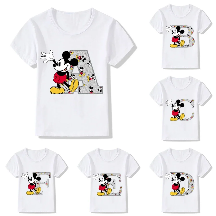 Mickey Mouse Children's T-Shirt Letter A B C Name Combination Tee Shirts Disney Cartoons Kawaii Kid Casual Clothes Girl Boy Tops-animated-img
