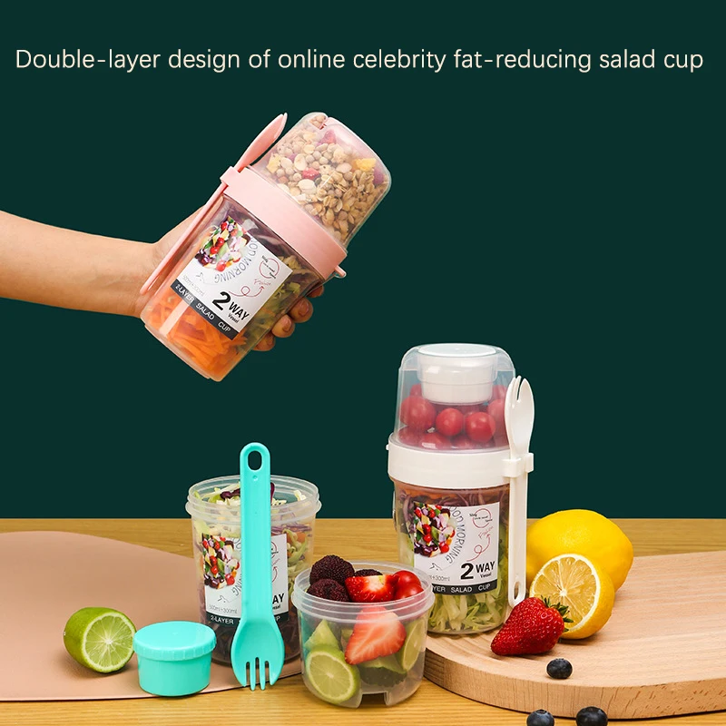 Breakfast Fruit Oat Yogurt Salad Cup With Lid And Spoon Two-layers Food Storage Bento Box Fitness Fat-Reduced Taper Bowl-animated-img