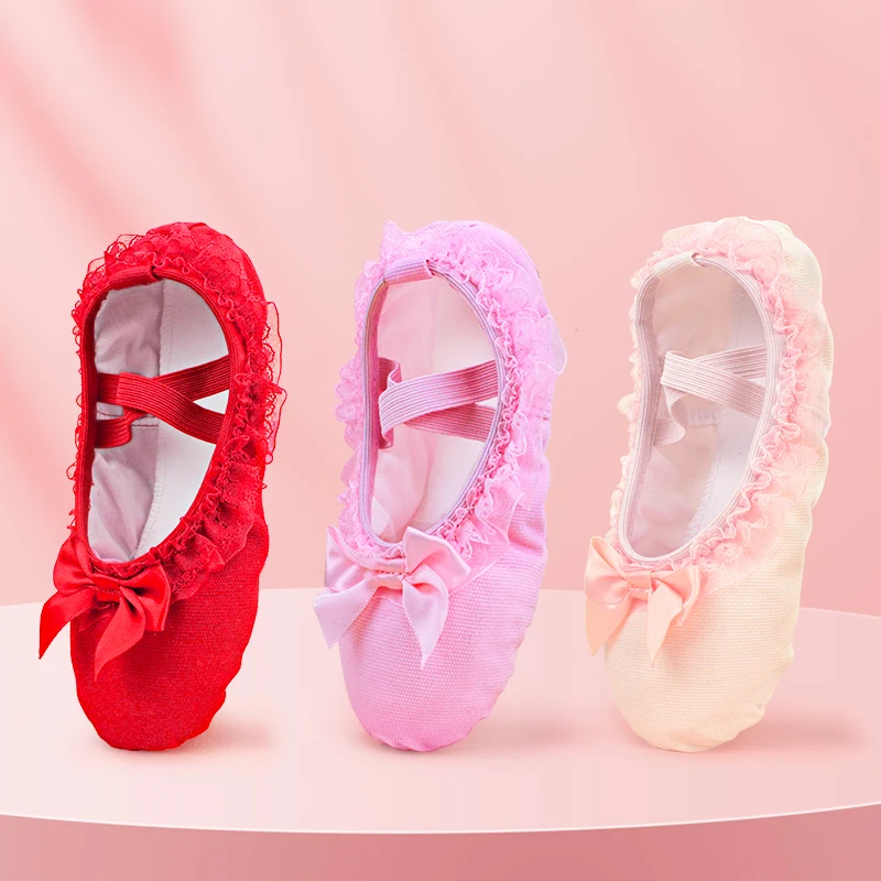 Girls Ballet Slippers Lace Ballet Dance Shoes Lace bow-knot Canvas Soft Sole Ballet Shoes Ballet Slippers-animated-img