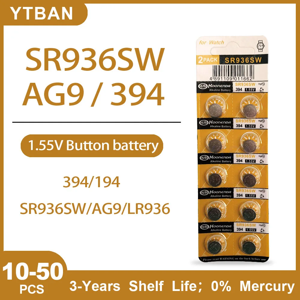 New 10PCS AG9 394 LR936 394A L936F SR936SW 1.55V Lithium Batteries Button  Battery for Watch Toys