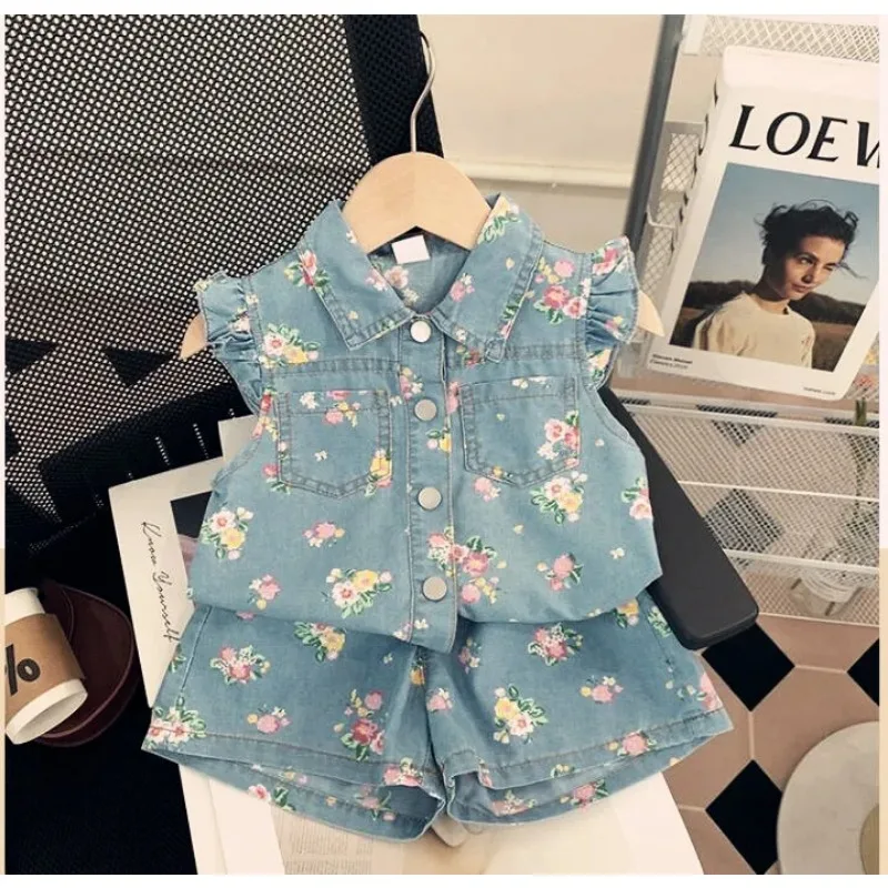 2024 Summer Girls Floral Printing Denim Suits Baby Girl Fashion Sleeveless Top Shirts+Shorts Two-piece Clothing Sets-animated-img