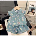 2024 Summer Girls Floral Printing Denim Suits Baby Girl Fashion Sleeveless Top Shirts+Shorts Two-piece Clothing Sets