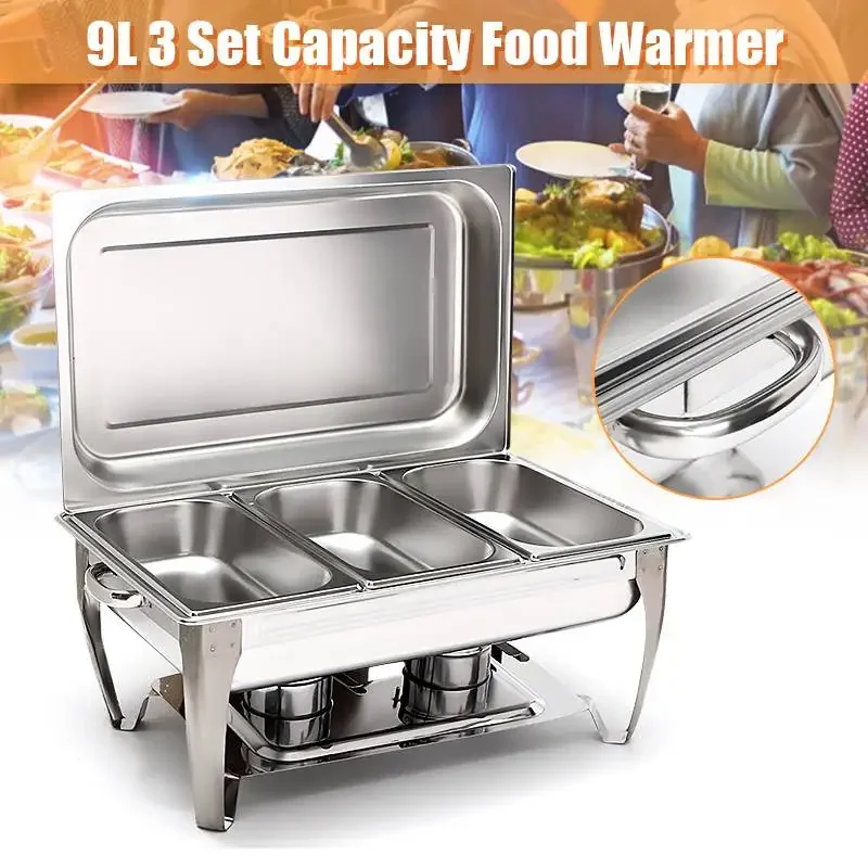 9L Foldable Stainless Steel Square Buffet Stove Dish Set Container Food Warmer Rectangular Chafing Dish Full Buffet Catering-animated-img