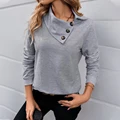 Women's Heathered Loose Fit Sweatshirt, Overlap Button Collar Sweater, Mock Neck Raglan Sleeve Buttoned Hoodie Grey Casual Tops preview-2