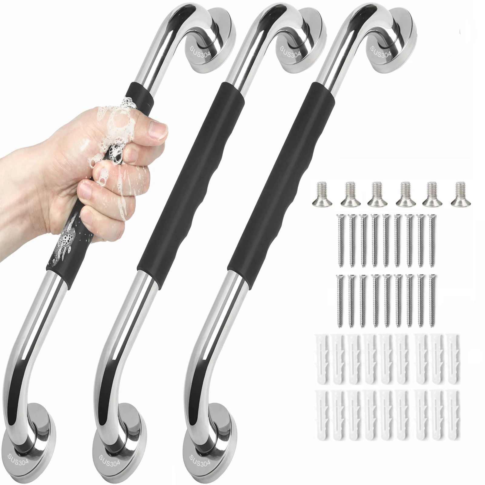 3Pcs 20 Inch Grab Bars for Bathtubs and Showers, Anti-Slip Toilet Handicap, Elderly Anti-Slip Bathroom Handicap Grab Bars-animated-img