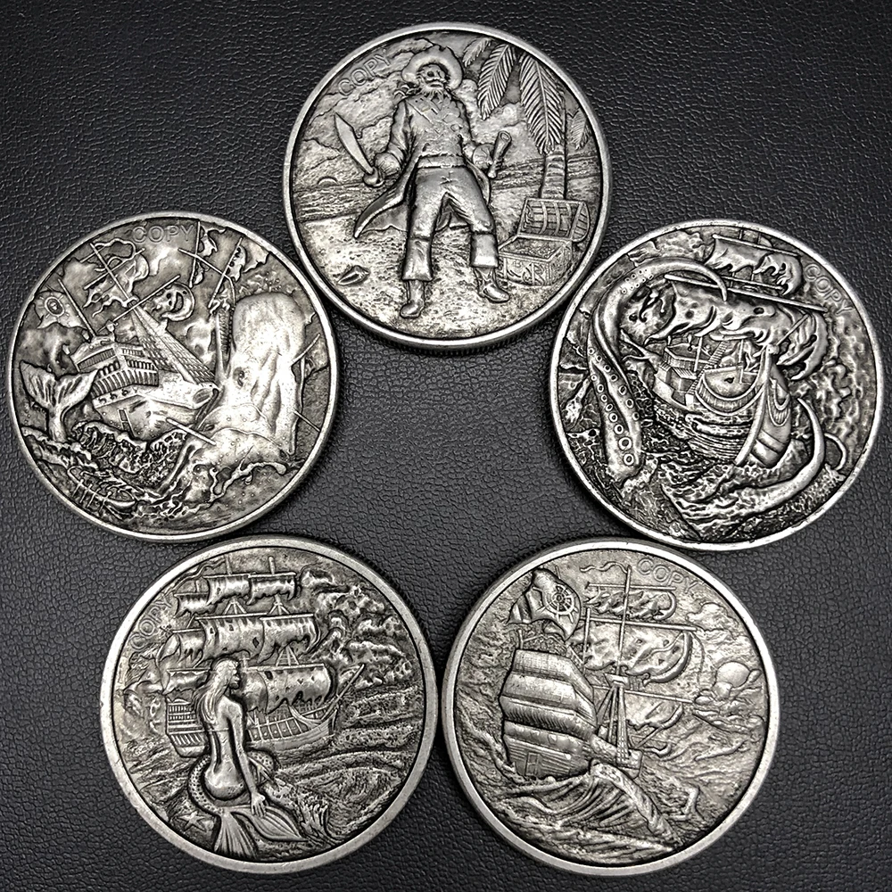 40mm Pirates of the Caribbean Medal Lucky Coin Mermaid Whale Sailor Octopus Skull Silver Collectible replica coins home decor-animated-img