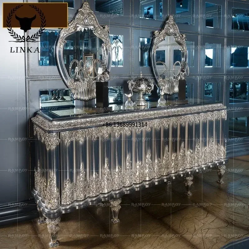 European style solid wood carved dining side cabinet porch  villa palace luxury living room lockers tea-animated-img