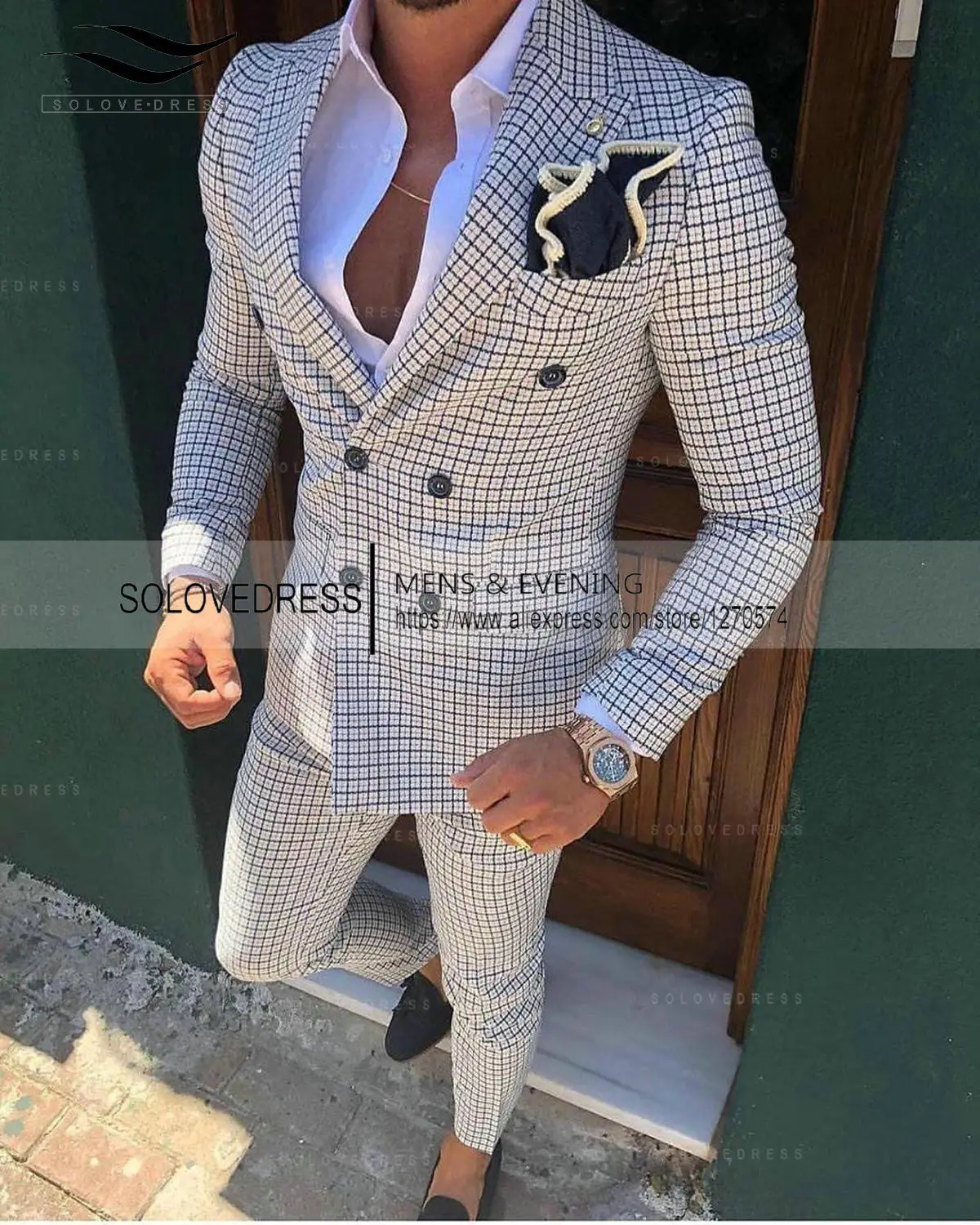 silver check suit