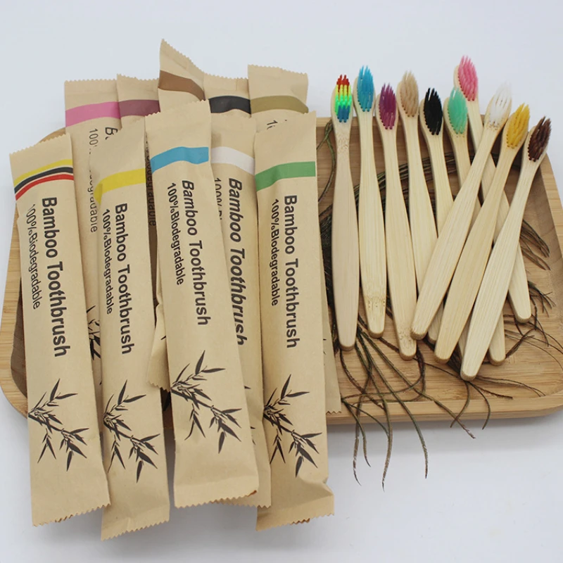 Single Cowhide Wrapped Bamboo Toothbrush Set Natural and Environmentally Friendly Bamboo Toothbrush Tablet 10 PCS Wholesale-animated-img