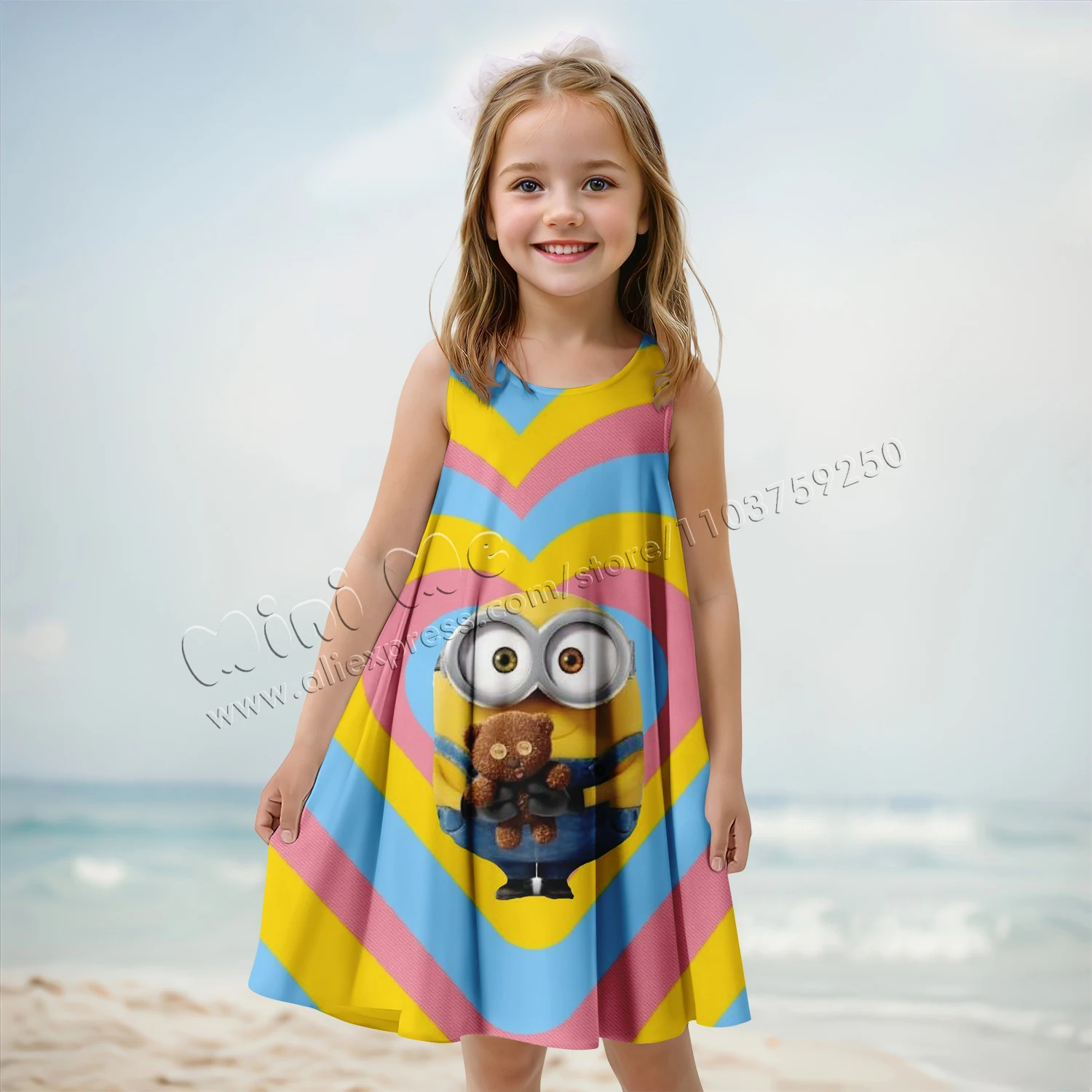 MINISO Authorized Minions Girls Elegant Dresses Girls' Dress Children Clothes Girl Holiday Dresses 2024 Clothing Summer Kids-animated-img