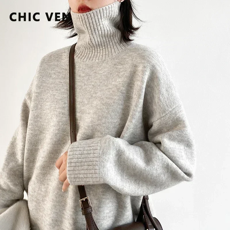 CHIC VEN Korean Women's Sweater Loose Turtleneck Sweaters Warm Solid Pullover Knitwear Basic Female Tops Autumn Winter 2022-animated-img