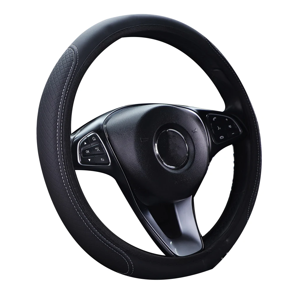 Car Interior Steering Wheel Cover Gray Line Green Line Leather 37-38cm Anti Slip Breathable Car Accessories Cheap-animated-img