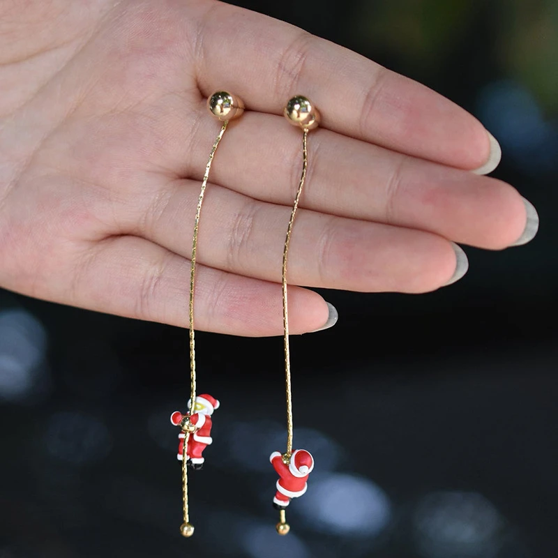 Moving Santa Claus Tassel Dangle Earrings For Women Christmas Tree Snowflake Asymmetric Long Chain Earring Festival Jewelry Gift-animated-img