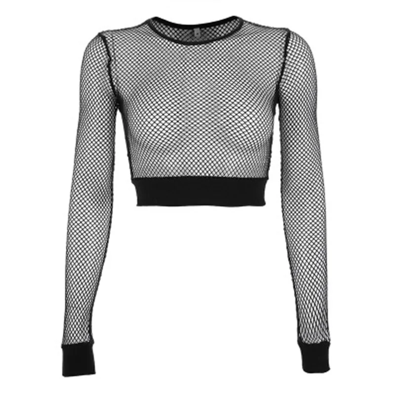 Women Mesh Hollow Out Cropped T-shirts Summer Lady O-Neck Long Sleeve Thin Mesh Tops CKFZ-5897-animated-img