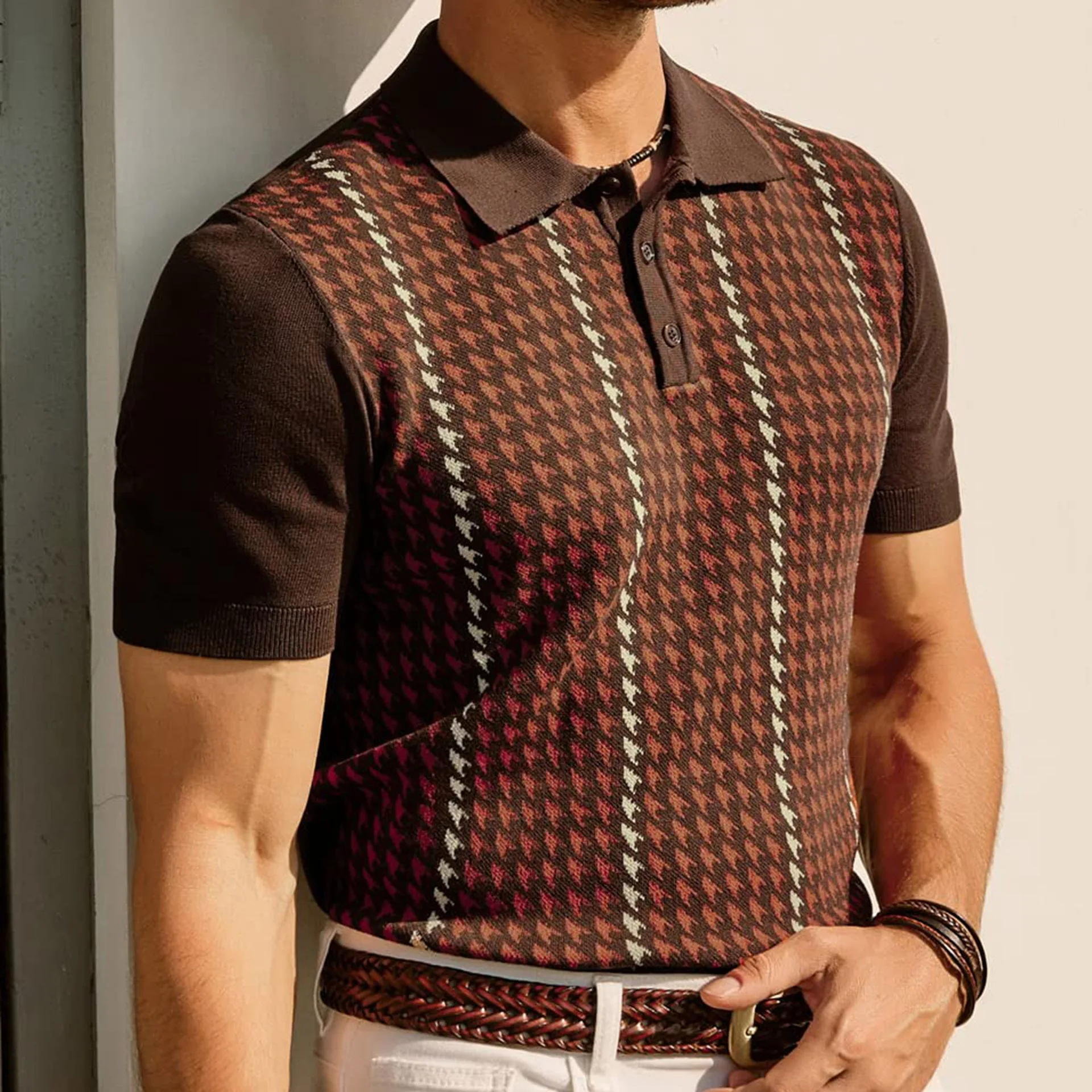 Men's Vintage Knit Houndstooth Golf Shirts Ropa Hombre 2024 Summer Polos Para Hombres Casual t Shirt Men Polo Shirts Old Money-animated-img