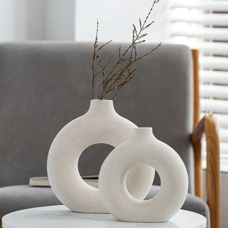 Nordic Vase Circular Hollow Ceramic Donuts Flower Pot Home Living Room Decoration Accessories Interior Office Desktop Decor Gift-animated-img
