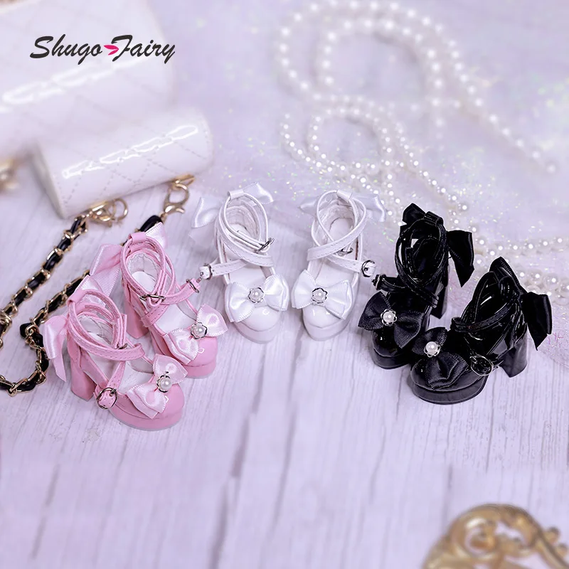 BJD Shoes Bowknot High Heels for 1/3 Xiny 1/4 Bariy BJD Doll Toy Platform Heels Black Pink Colors Shoes Dolls Accessories-animated-img