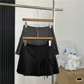 Gray Pleated Skirt High Waist Slim A- Line Short Skirt For Women 2024 New Design Belted Elegant Half Length Gown preview-3