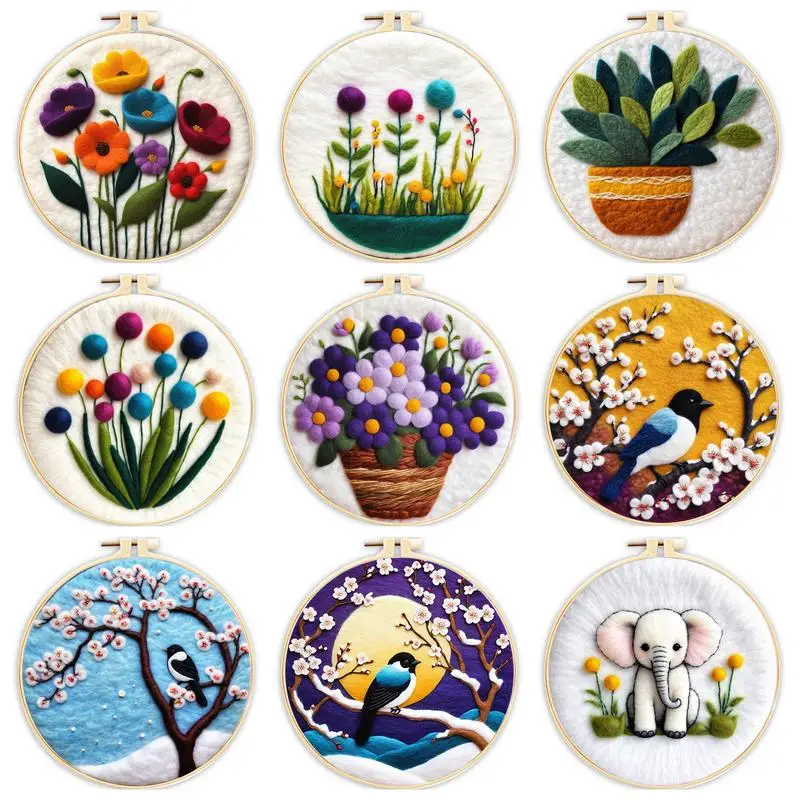 1 Pack Flowers Bird Pattern Diy Needle Felting Kit With Embroidery Hoop Wool Needle Felt Painting Wool Craft Set For Beginners-animated-img