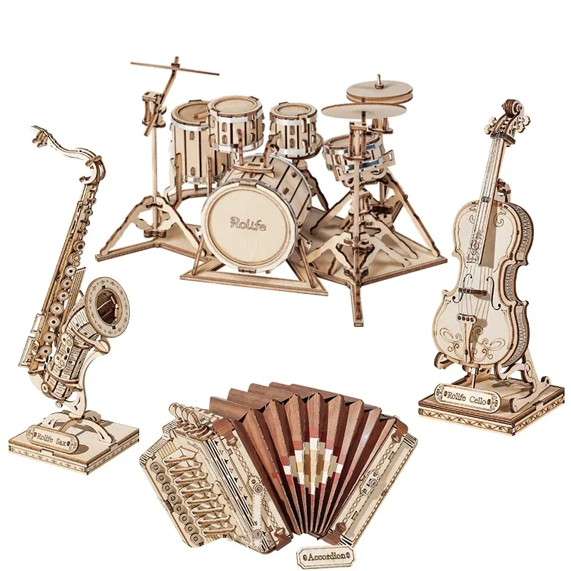 Robotime Rolife 3D Wooden Puzzle Games Saxophone Drum kit Accordion Cello Model Toys for Children Kids Birthday Gifts-animated-img