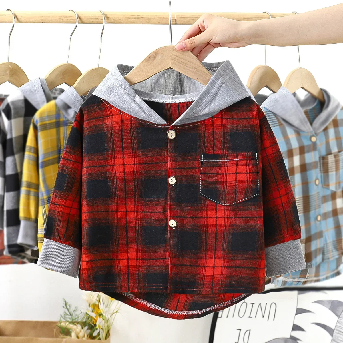 Children's Hooded Shirts Kids Clothes Baby Boys Plaid Shirts Coat for Spring Autumn Girls Long-Sleeve Jacket Bottoming Clothing-animated-img