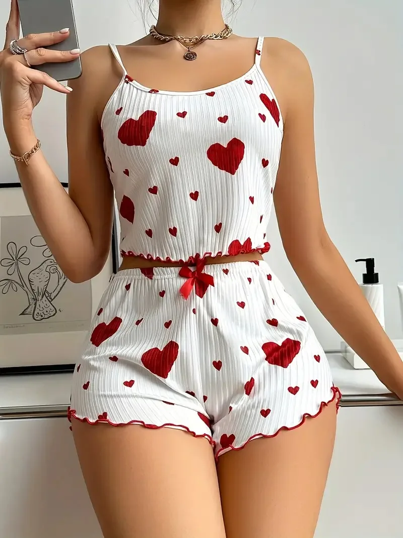 Summer Sleepwear Women Heart Print Relaxed Fit Pajama Set Round Neck Backless Crop Cami Top and Shorts Set Loungewear-animated-img