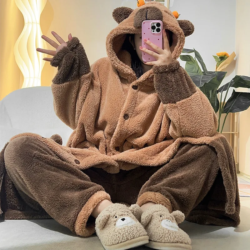 Adult Robes With Pants Capybara Cosplay Halloween Costumes Onesies Nightgown Xmas Carnival Funny Pajamas Party Clothes For Women-animated-img