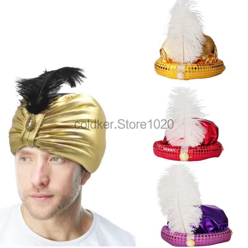 Adult Gold Aladdin Hat with Feather Halloween Arab Vintage Sultan Headwear Cosplay Accessories Kids Turban Headwrap Arabic Hat-animated-img