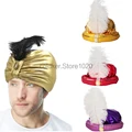 Adult Gold Aladdin Hat with Feather Halloween Arab Vintage Sultan Headwear Cosplay Accessories Kids Turban Headwrap Arabic Hat