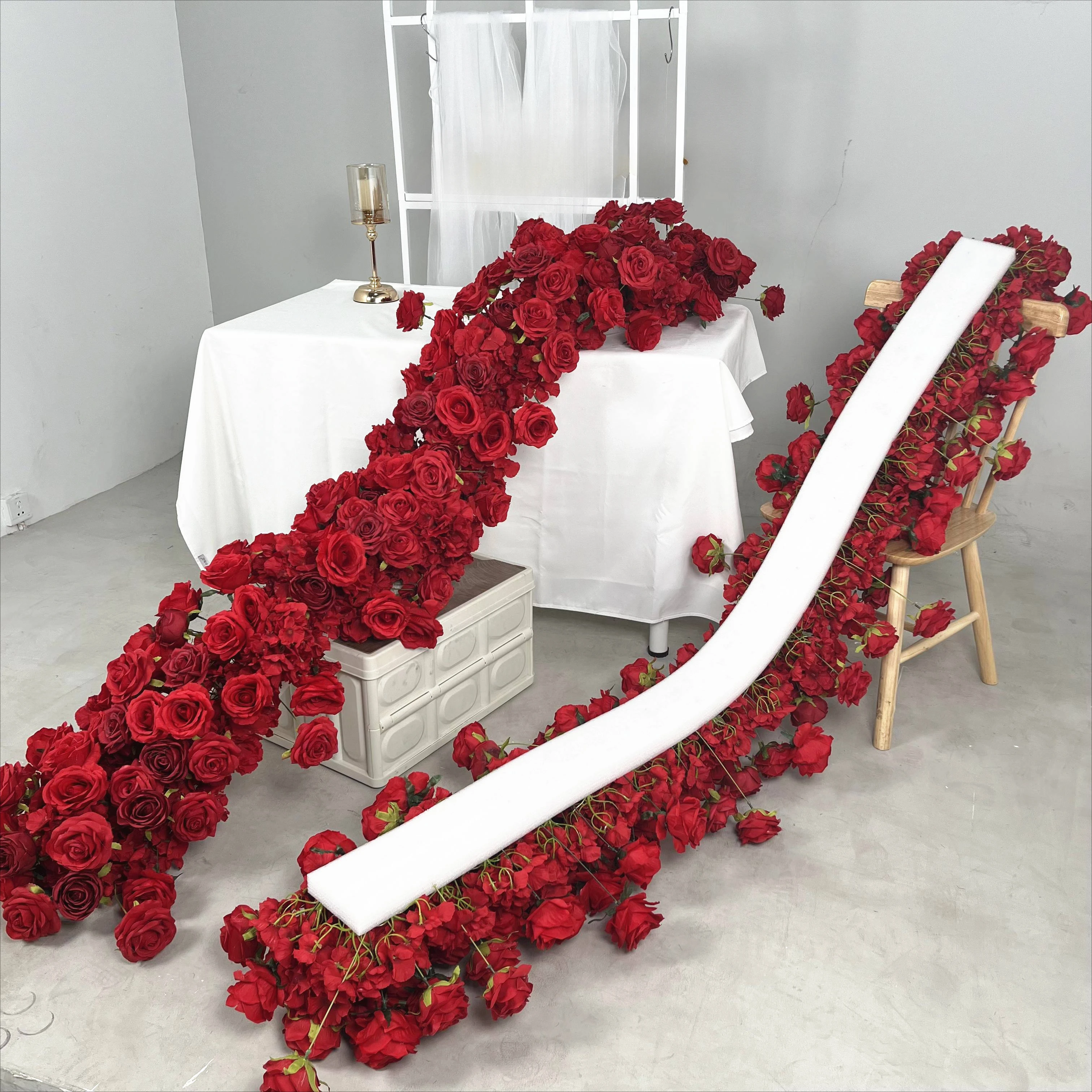 Artificial Red Rose Green Plants Flower Row Long Runner Wedding Backdrop Decor Floral Arrangement Party Props Table Centerpiece-animated-img