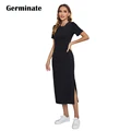 Maxi Long T Shirt Dress Women 2023 Summer Festive Elegant Cotton Black Black Short Sleeve Casual Dresses Split Skirt