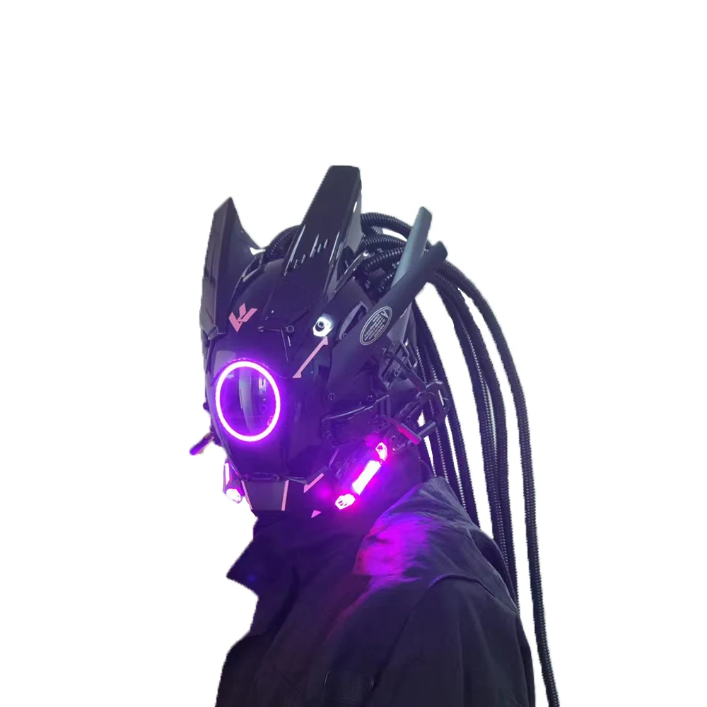 קנו אלי אקספרס  Colorful Pipe dreadlocks Cyberpunk Mask Cosplay Shinobi  Mask Special Forces Samurai Masks Triangle Project El With Led Light