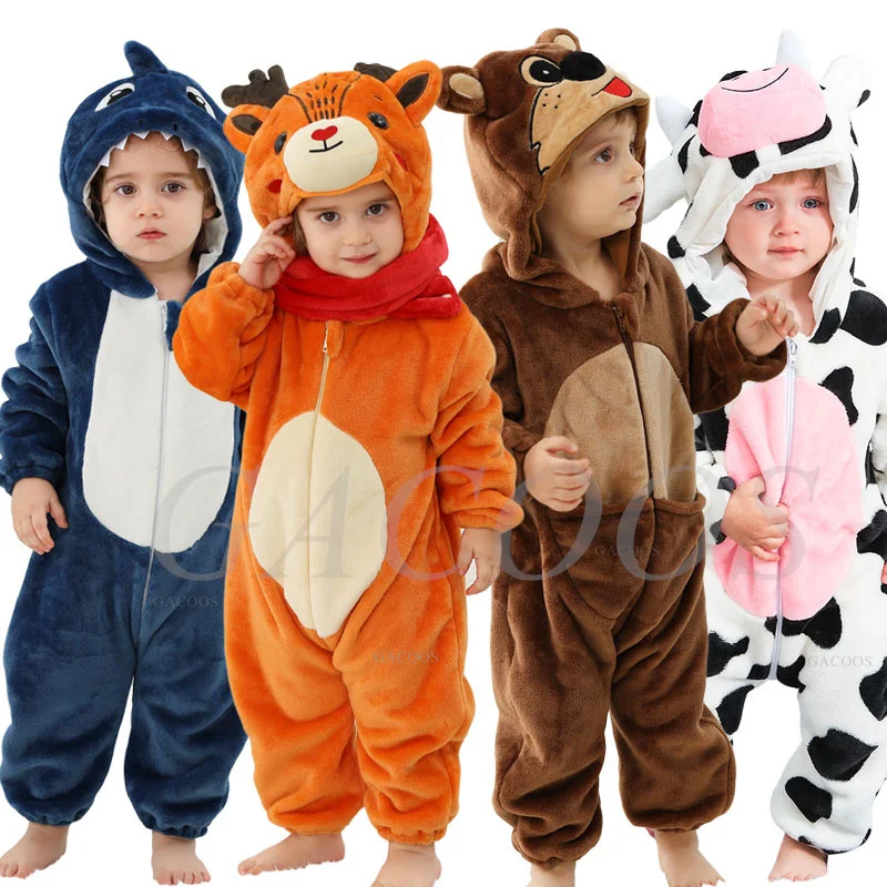 Baby Girls Onesie Kigurumi Monkey Unicorn Dinosaur Animal Cosplay Costume Winter Flannel Jumpsuit 1 to 4 Years Kids Boys Pajamas-animated-img